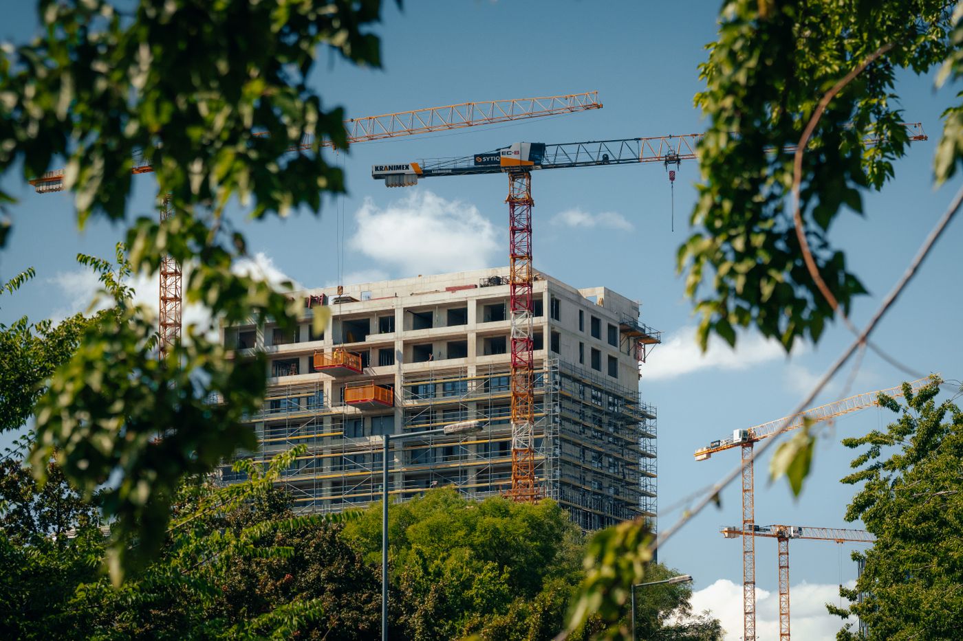 Bloc de locuințe în lucru, cu schelă și macarale turn, văzut printre copaci